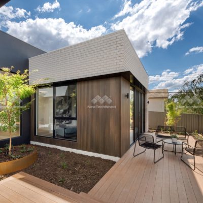 Castellation Cladding in Aged Wood and decking in Teak, Curtin, ACT