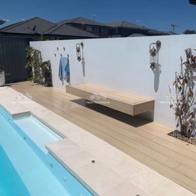 Poolside Coastal US54 Decking and Bench in Beech installed by Adora Decks NSW