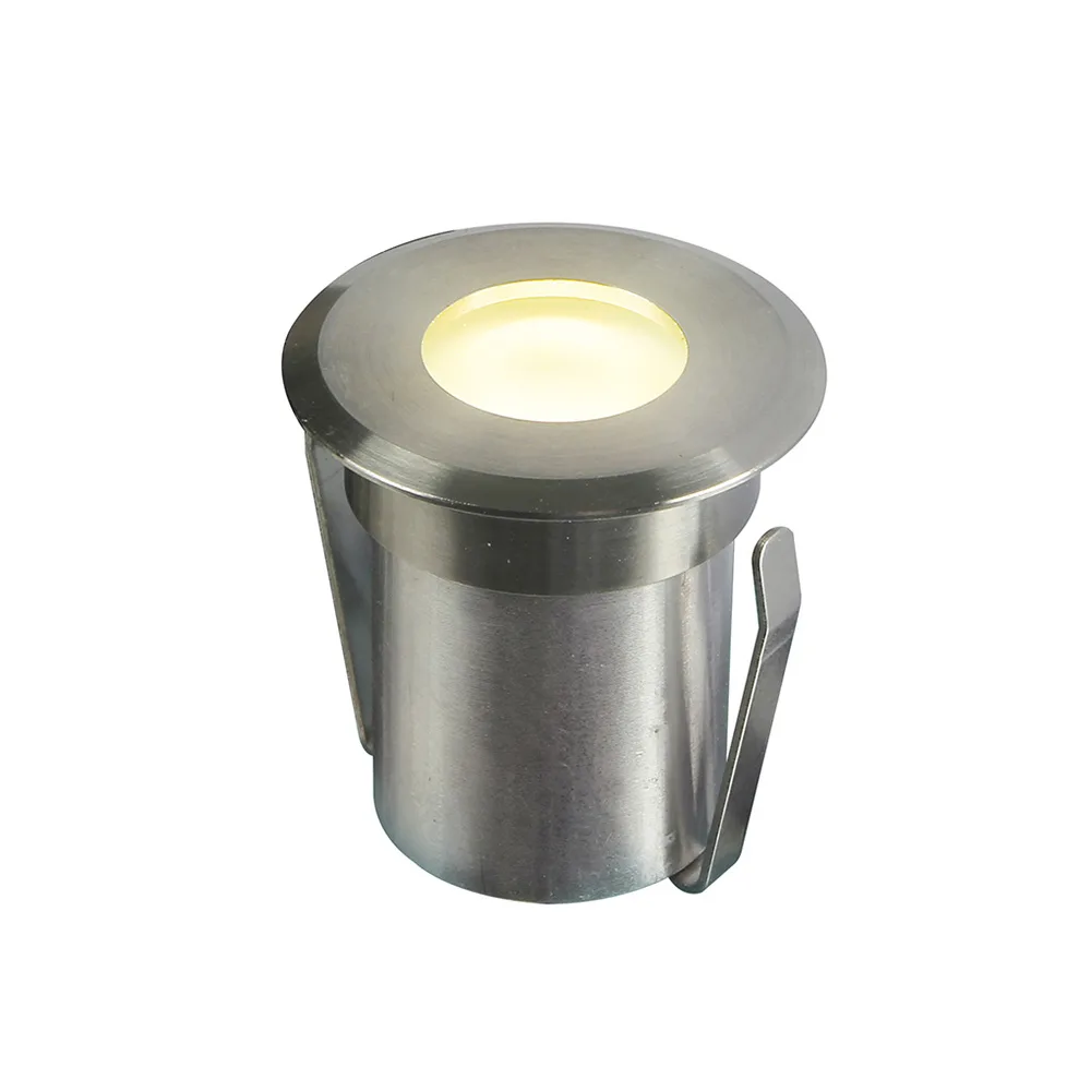 Sleek stainless steel LED decking light, designed for flush installation, casting a warm glow perfect for enhancing the ambiance of outdoor composite decking areas.