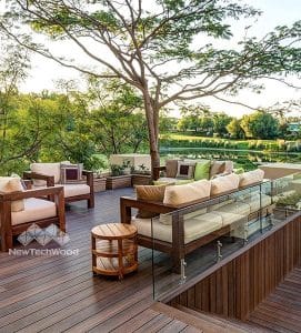composite timber decking, with chairs trees