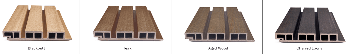 NewTechWood Composite Cladding in UH58 BlackButt, Teak, Ebony and Aged Wood